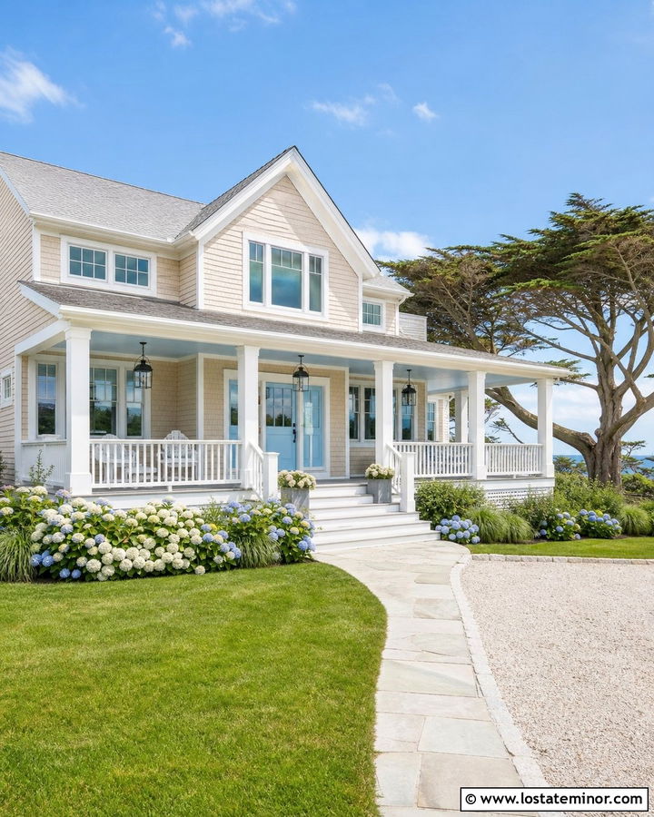 Tan Coastal House With Sky Blue Porch Ceiling - 30 Tan House Design With Porch Ceiling Ideas