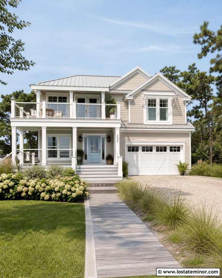 Tan Coastal House With White And Gray Deck - 30 Tan House Design With Deck Ideas