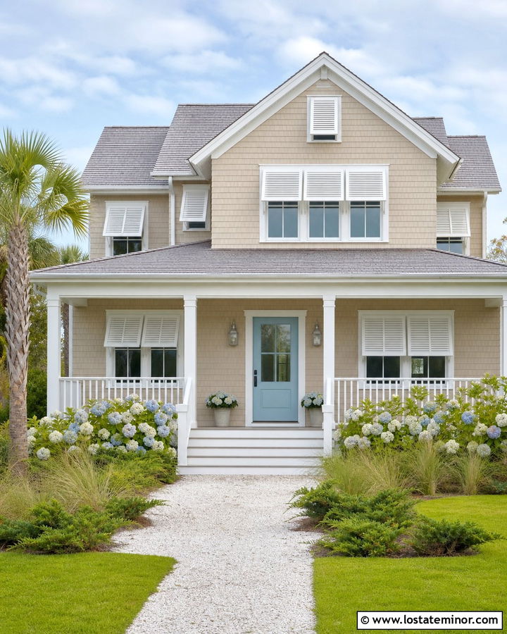 Tan Coastal House With White Louvered Awnings - 30 Tan House Design With Awning Ideas