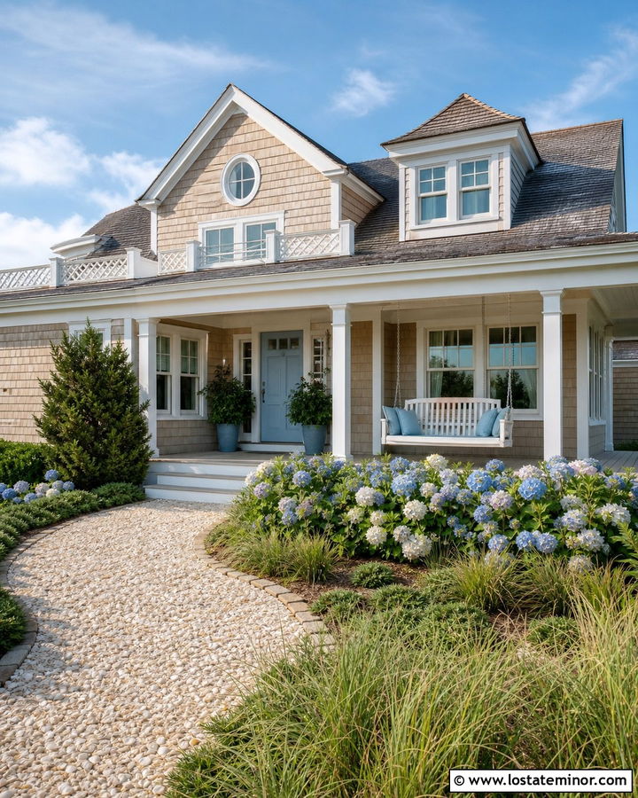 Tan Coastal House With White Swing - 30 Tan House Design With Swing Ideas