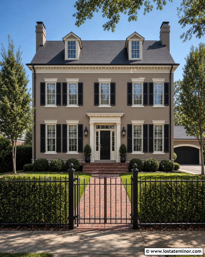 Tan Colonial House With Black Fence - 30 Tan House Design With Fence Ideas