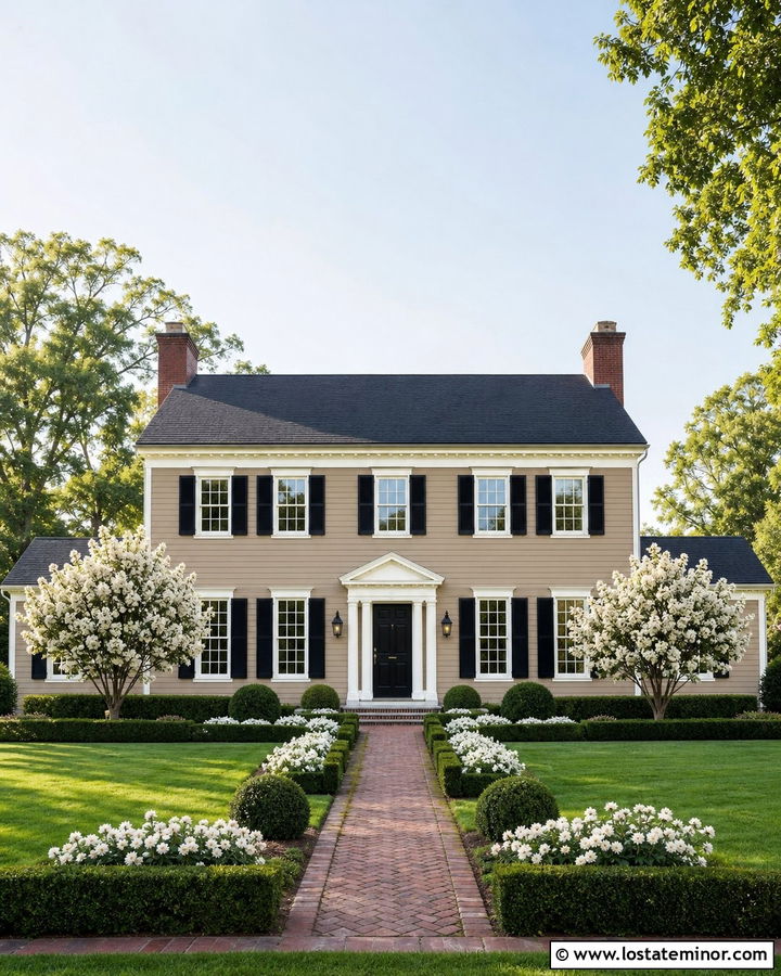 Tan Colonial House With Black Shutters And Formal Lawn - 30 Tan House Design With Front Yard Ideas