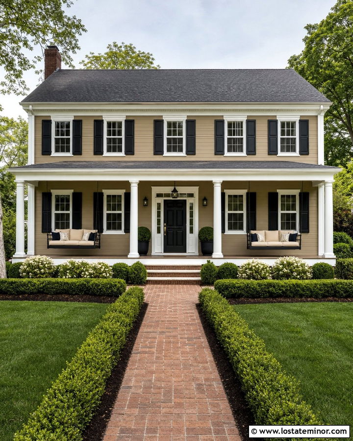 Tan Colonial House With Black Swing - 30 Tan House Design With Swing Ideas