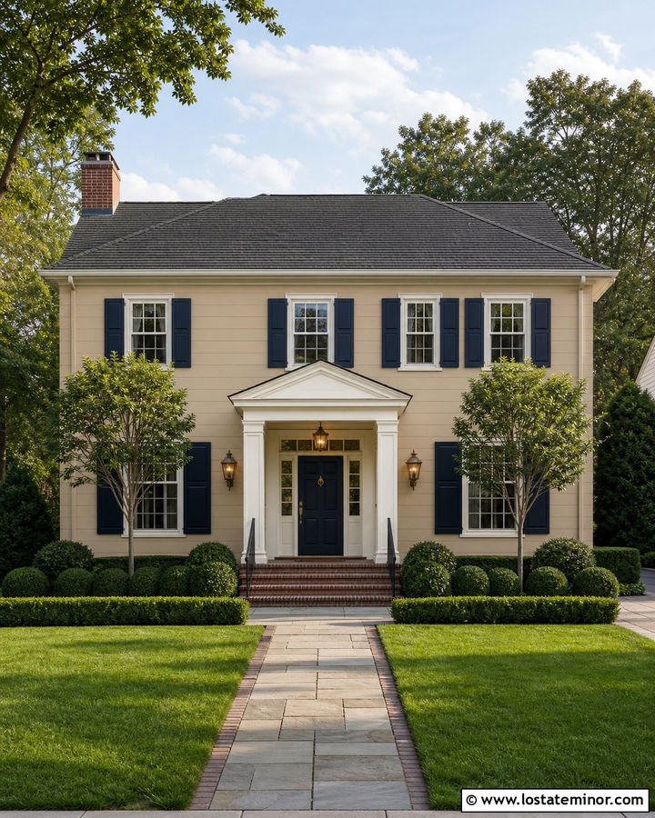 Tan Colonial House With Brass Lanterns - 30 Tan House Design With Lighting Ideas