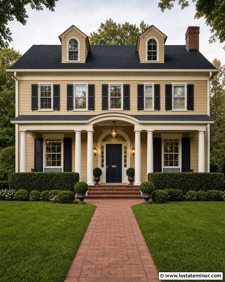 Tan Colonial House With Brass Lanterns - 30 Tan House Design With Light Fixtures Ideas