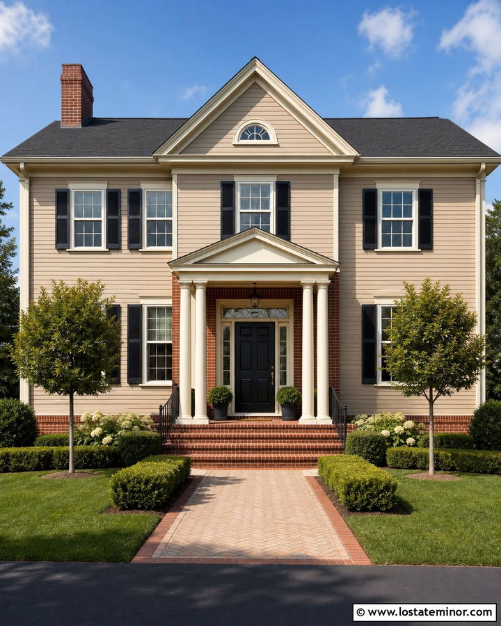 Tan Colonial House With Brick Entry - 30 Tan House Design With Brick Accents Ideas