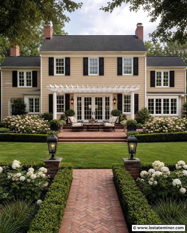 Tan Colonial House With Brick Patio - 30 Tan House Design With Backyard Ideas