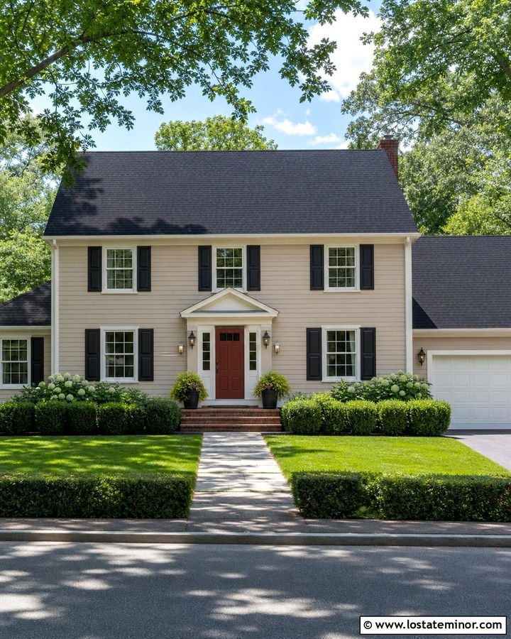 Tan Colonial House With Charcoal Shingles - 30 Tan House Design With Shingles Ideas