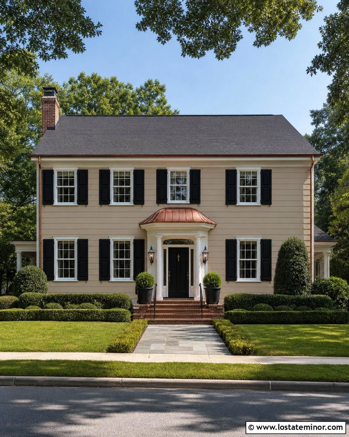 Tan Colonial House With Copper Door Awning - 30 Tan House Design With Awning Ideas