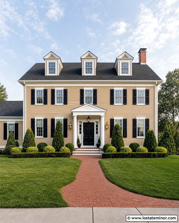 Tan Colonial House With Gable Dormers - 30 Tan House Design With Dormers Ideas