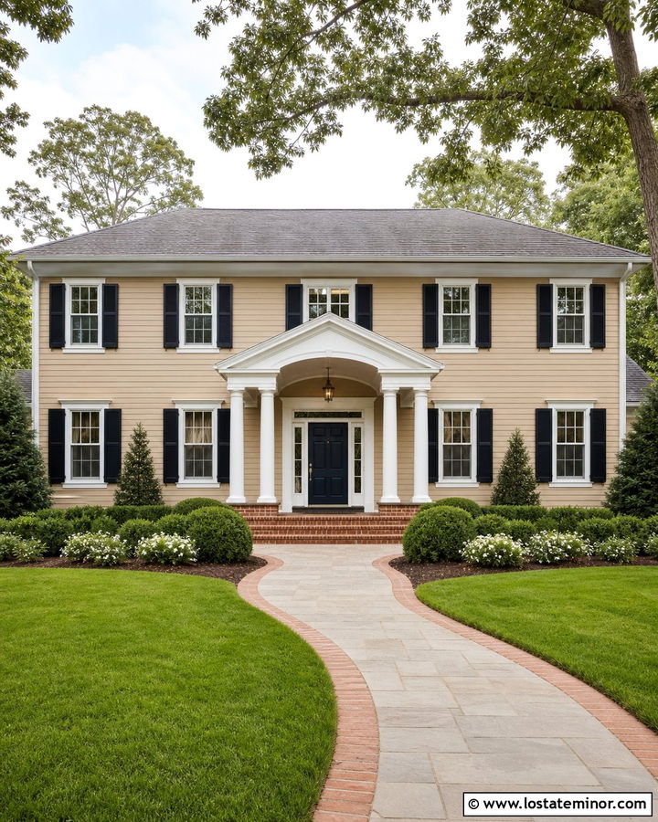 Tan Colonial House With Gable Portico - 30 Tan House Design With Portico Ideas