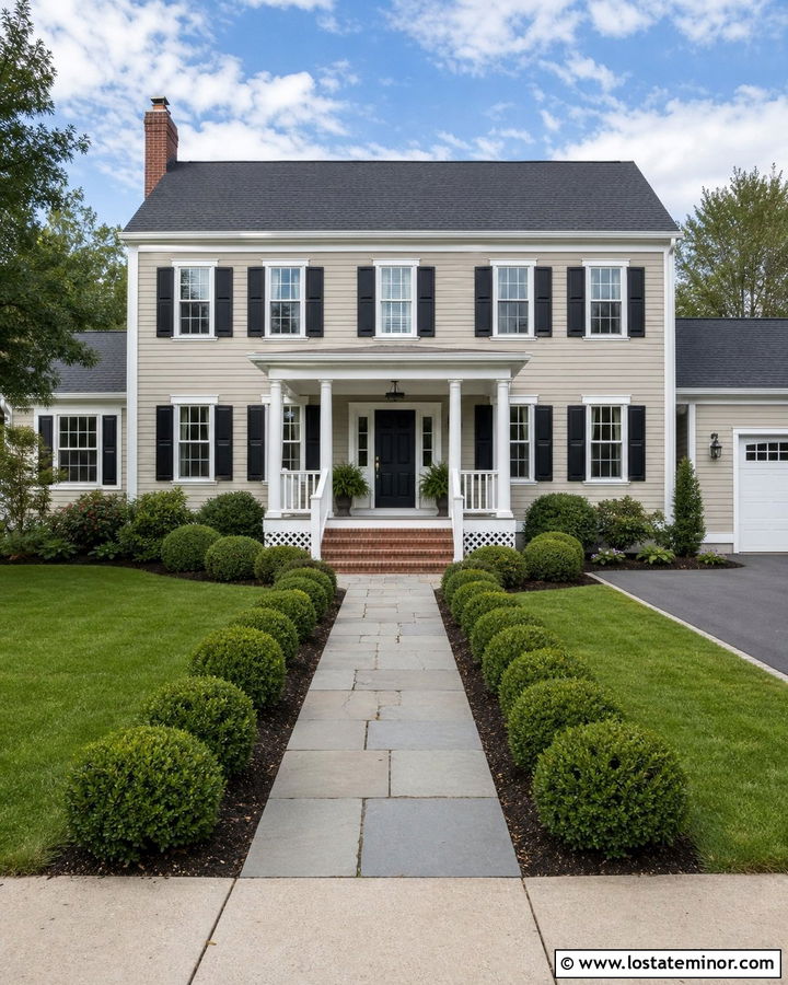 Tan Colonial House With Gray Composite Deck - 30 Tan House Design With Deck Ideas