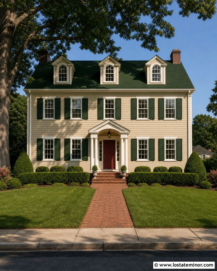 Tan Colonial House With Green Shingles - 30 Tan House Design With Shingles Ideas