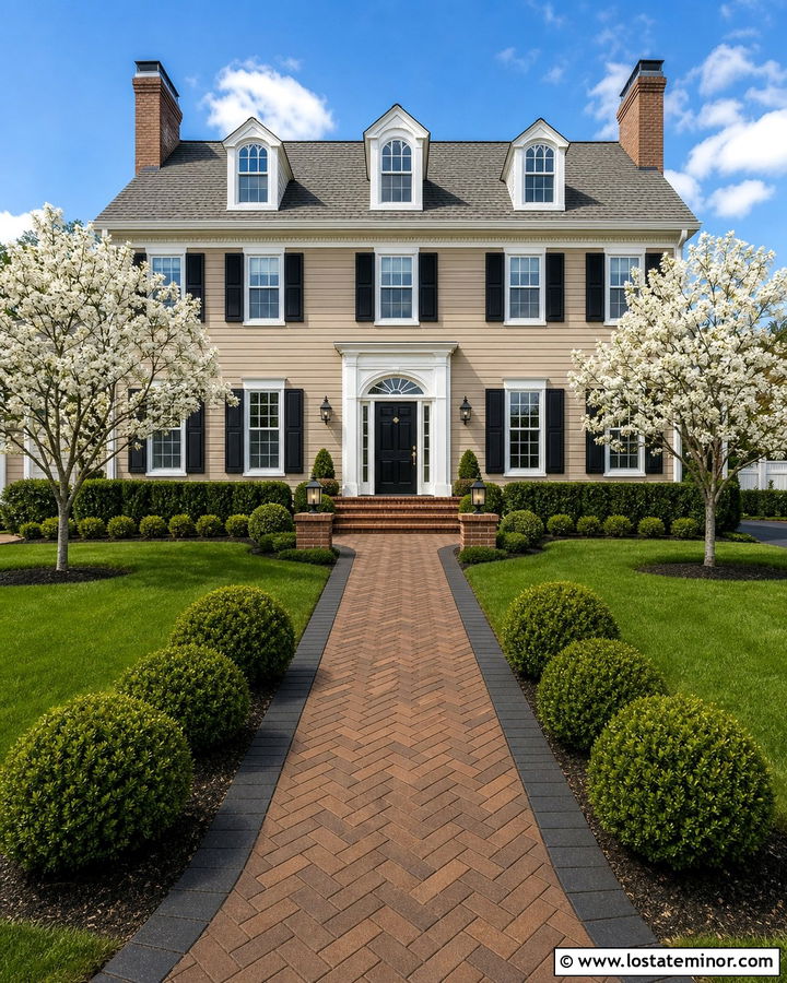 Tan Colonial House With Herringbone Paver Walkway - 30 Tan House Design With Walkway Ideas