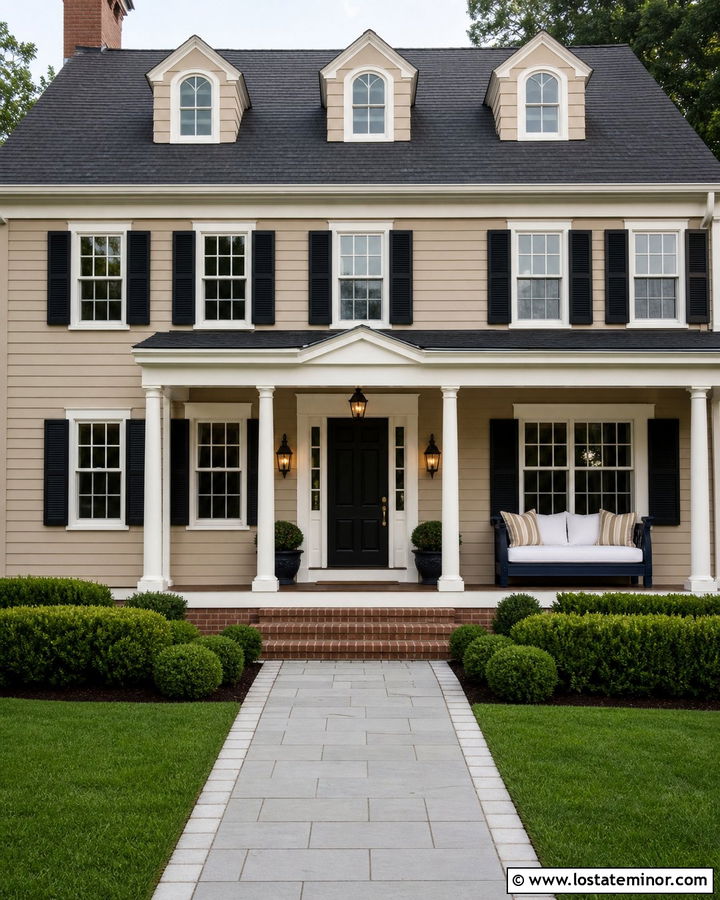 Tan Colonial House With Navy Porch Daybed - 30 Tan House Design With Daybed Ideas