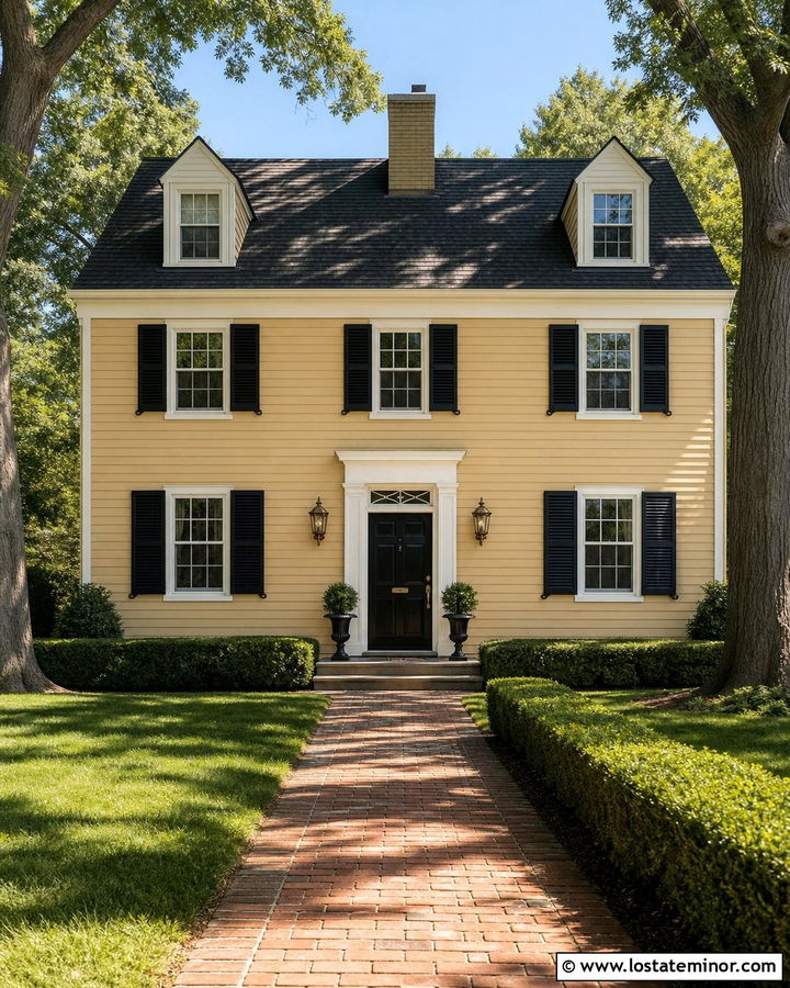 Tan Colonial House With Painted Brick Chimney - 30 Tan House Design With Chimney Ideas