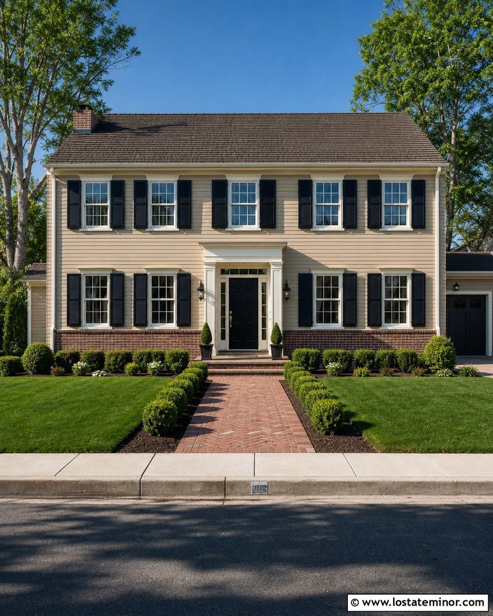 Tan Colonial House With Red Brick Wainscoting - 30 Tan House Design With Wainscoting Ideas