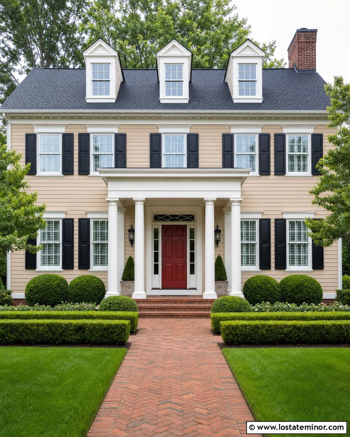 Tan Colonial House With Red Porch Door - 30 Tan House Design With Front Porch Ideas
