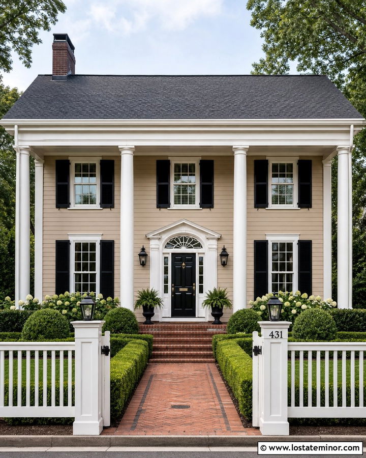 Tan Colonial House With Round White Columns - 30 Tan House Design With Porch Columns Ideas
