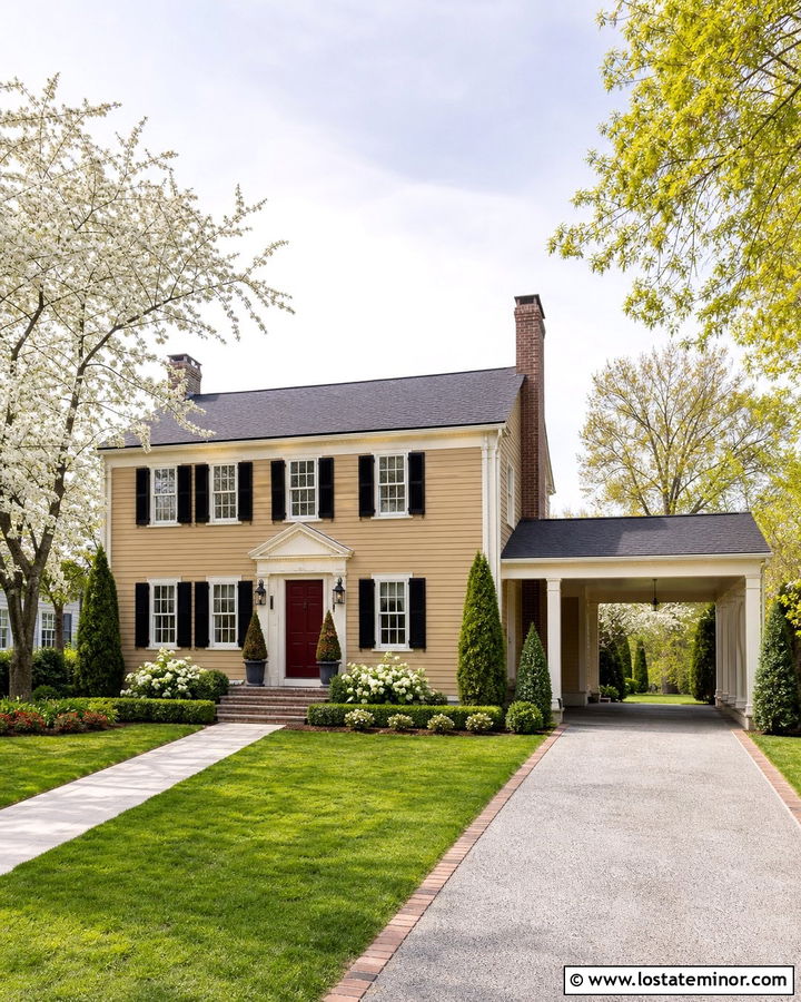 Tan Colonial House With Side Carport - 30 Tan House Design With Carport Ideas