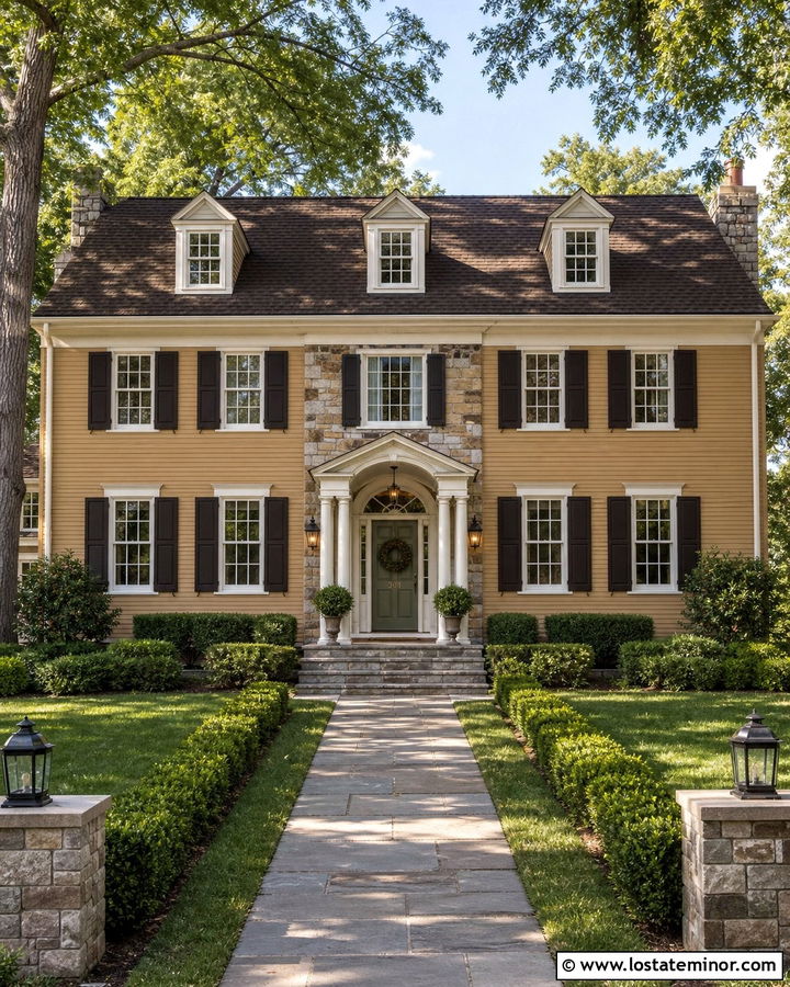 Tan Colonial House With Stone Entry - 30 Tan House Design With Stone Accents Ideas