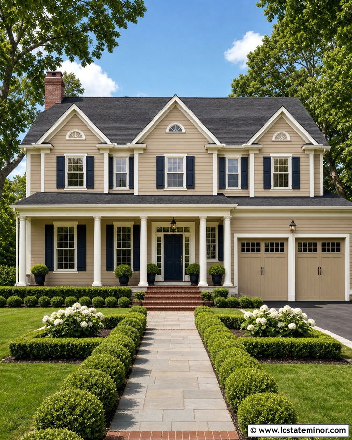 Tan Colonial House With Symmetrical Gables - 30 Tan House Design With Gables Ideas
