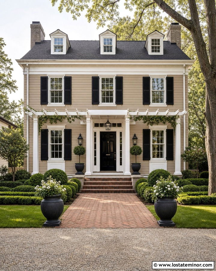 Tan Colonial House With Symmetrical Pergola - 30 Tan House Design With Pergola Ideas