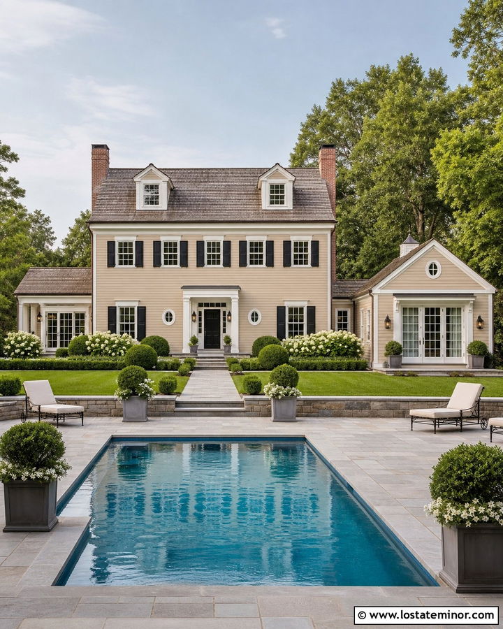 Tan Colonial House With Symmetrical Pool - 30 Tan House Design With Swimming Pool Ideas
