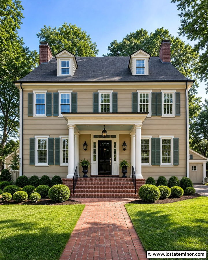 Tan Colonial Revival With Pale Green Porch Ceiling - 30 Tan House Design With Porch Ceiling Ideas