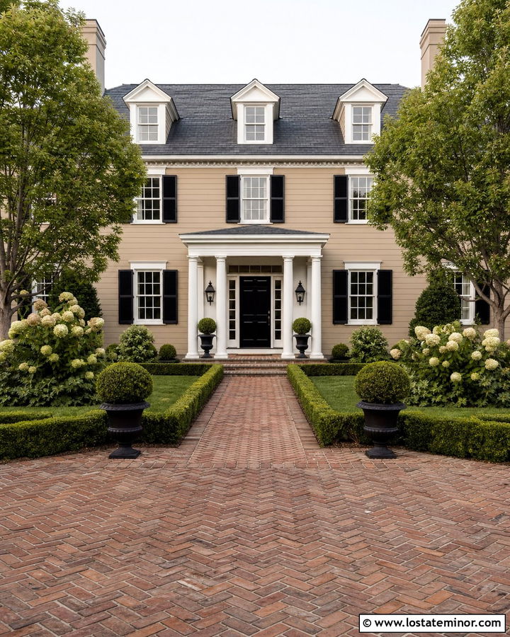 Tan Colonial With Brick Driveway - 30 Tan House Design With Driveway Ideas