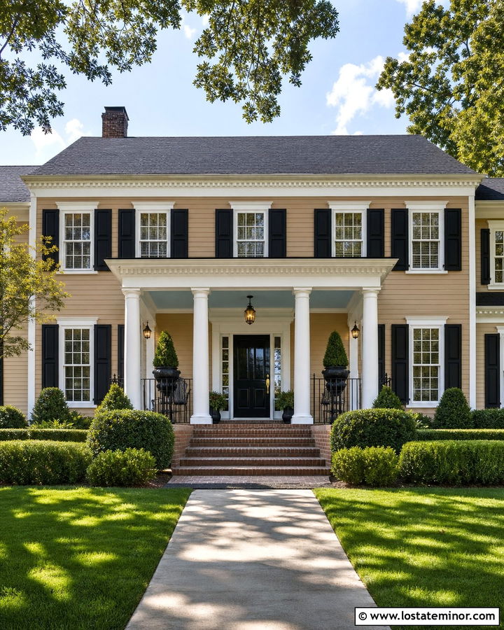 Tan Colonial With Haint Blue Beadboard Ceiling - 30 Tan House Design With Porch Ceiling Ideas