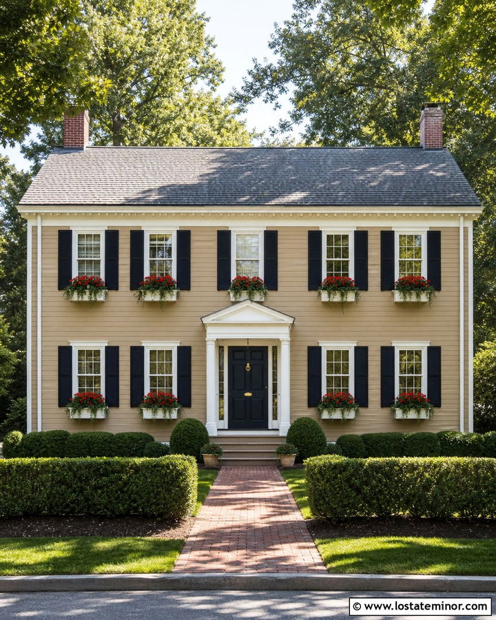 Tan Colonial With White Window Boxes - 30 Tan House Design With Window Boxes Ideas