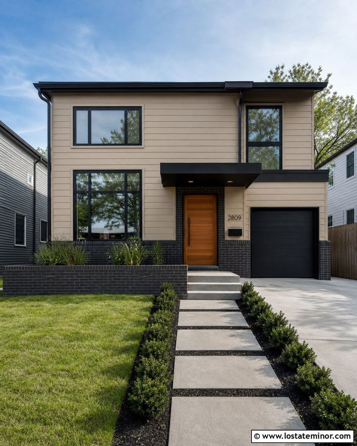 Tan Contemporary House With Black Brick Wainscoting - 30 Tan House Design With Wainscoting Ideas
