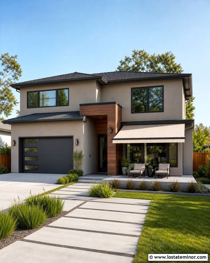 Tan Contemporary House With Bronze Retractable Awning - 30 Tan House Design With Awning Ideas