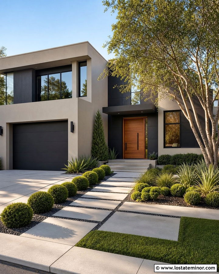 Tan Contemporary House With Concrete Paver Yard - 30 Tan House Design With Front Yard Ideas