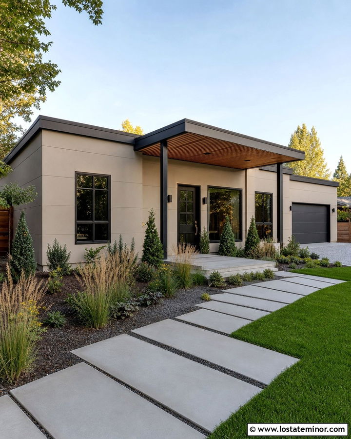 Tan Contemporary House With Flat Roof Porch - 30 Tan House Design With Front Porch Ideas