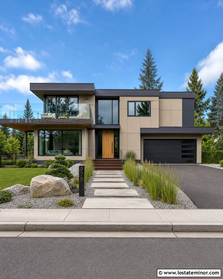 Tan Contemporary House With Floating Deck - 30 Tan House Design With Deck Ideas