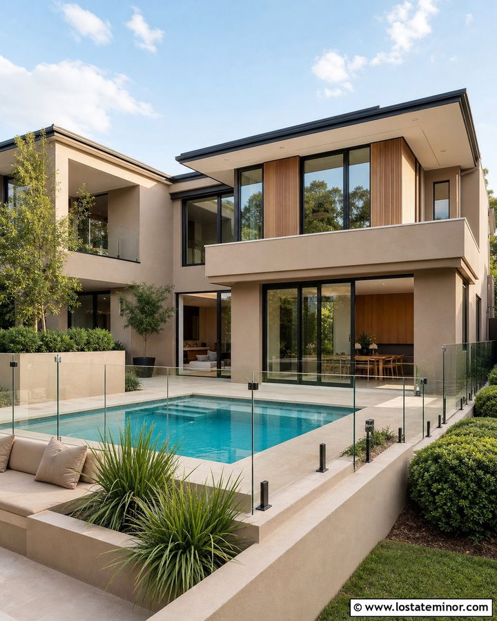 Tan Contemporary House With Glass Pool Fence - 30 Tan House Design With Swimming Pool Ideas