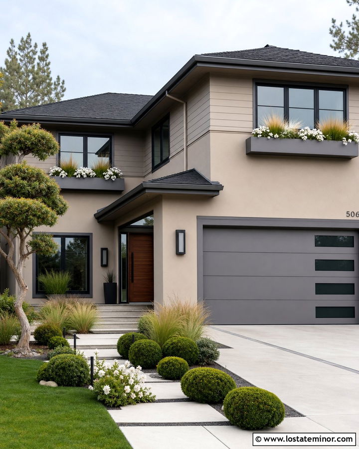 Tan Contemporary House With Gray Window Boxes - 30 Tan House Design With Window Boxes Ideas