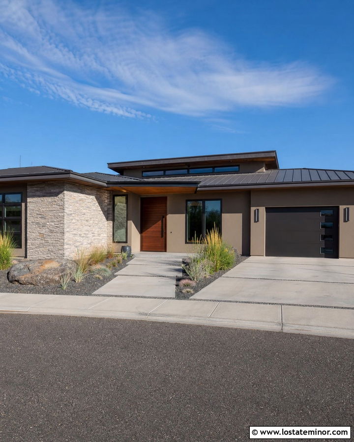 Tan Contemporary House With Linear Stone - 30 Tan House Design With Stone Accents Ideas
