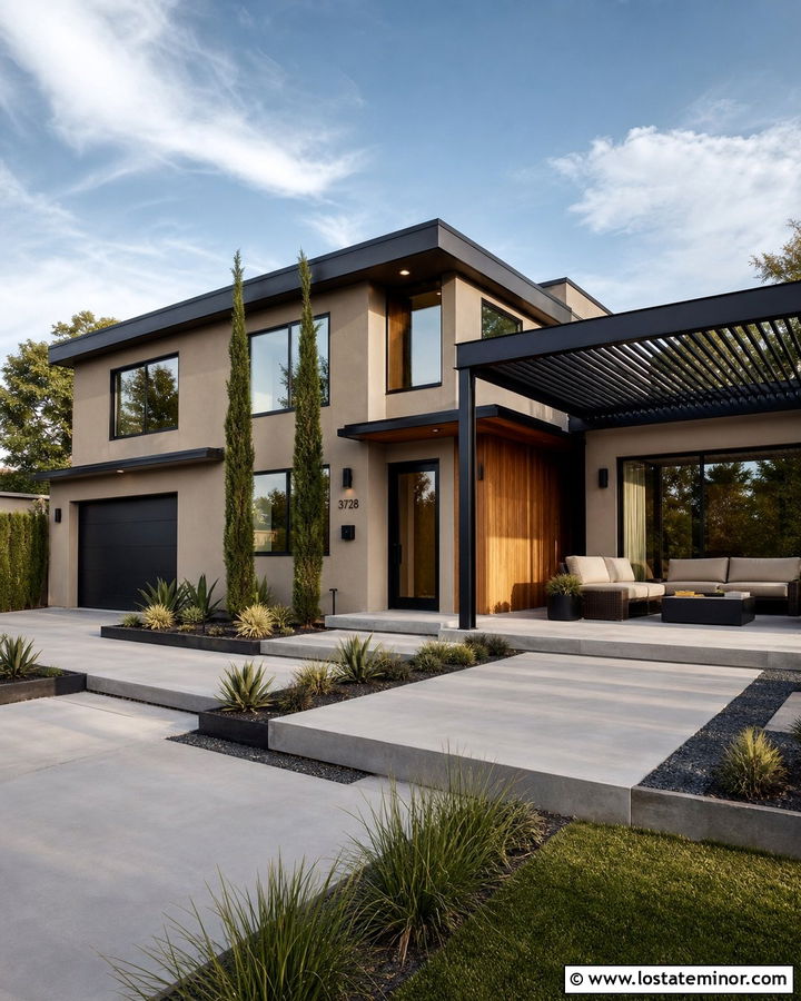 Tan Contemporary House With Louvered Pergola - 30 Tan House Design With Pergola Ideas