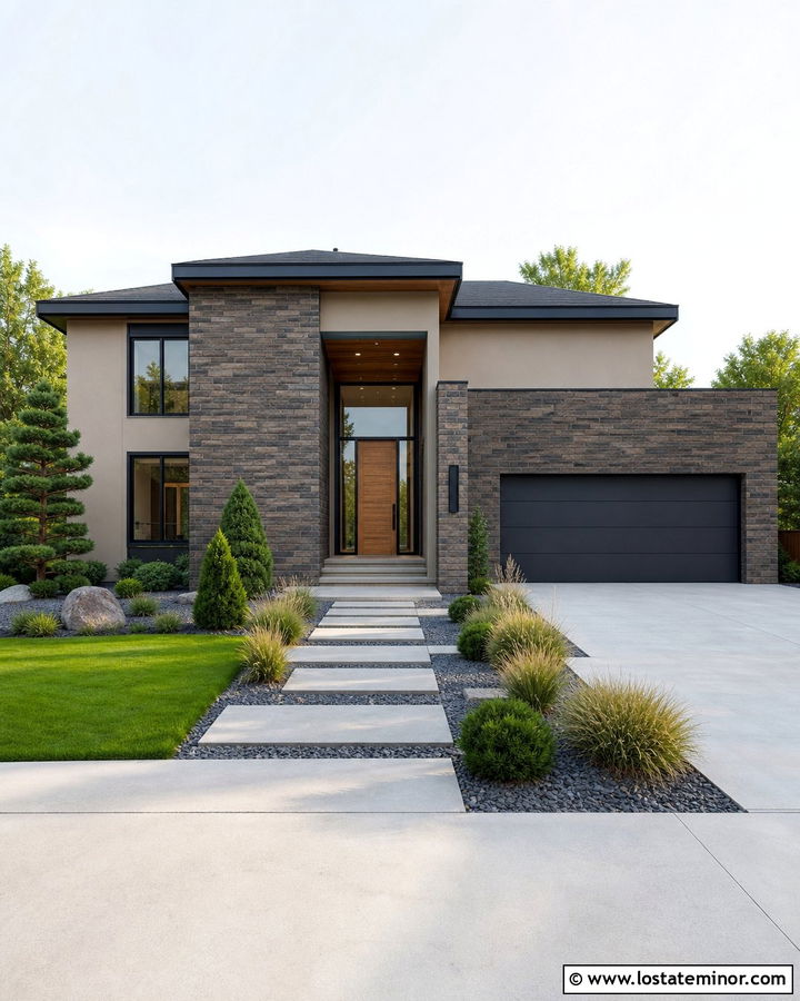 Tan Contemporary House With Mixed Brick Accents - 30 Tan House Design With Brick Accents Ideas