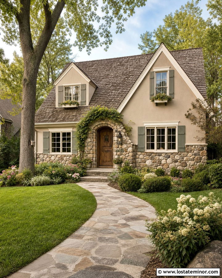 Tan Cottage House With Cobblestone Wainscoting - 30 Tan House Design With Wainscoting Ideas