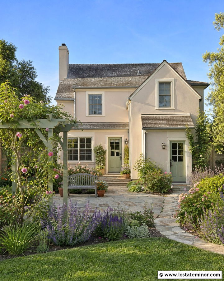Tan Cottage House With Flower Garden - 30 Tan House Design With Backyard Ideas