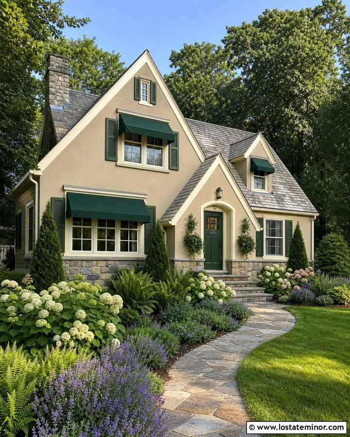 Tan Cottage House With Forest Green Awnings - 30 Tan House Design With Awning Ideas