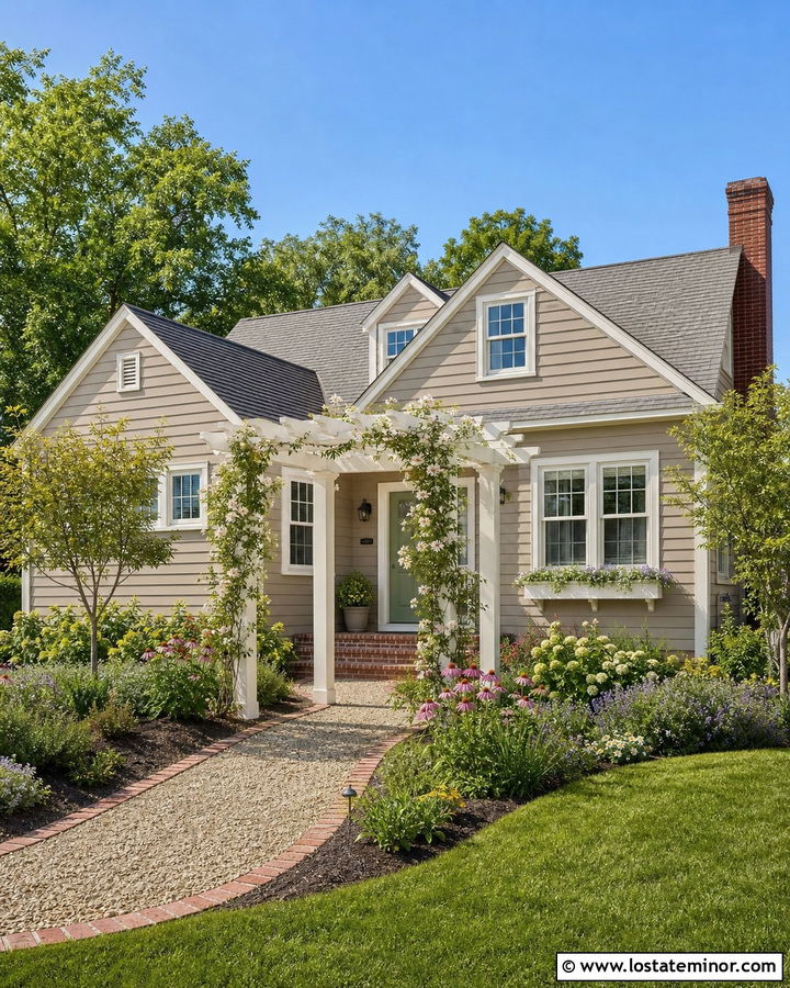 Tan Cottage House With Garden Pergola - 30 Tan House Design With Pergola Ideas