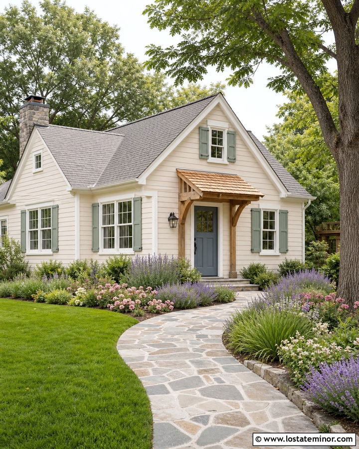 Tan Cottage House With Garden Walkway - 30 Tan House Design With Walkway Ideas