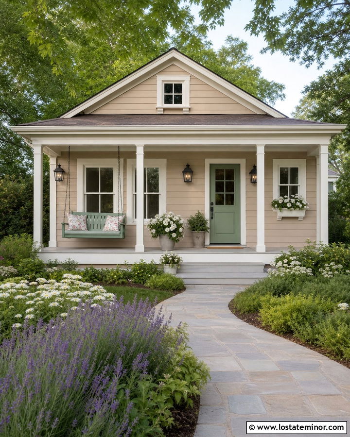 Tan Cottage House With Green Swing - 30 Tan House Design With Swing Ideas