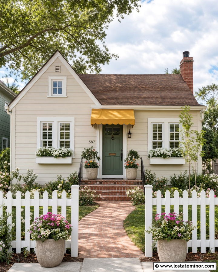 Tan Cottage House With Mustard Yellow Awning - 30 Tan House Design With Awning Ideas