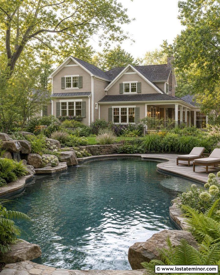Tan Cottage House With Natural Pool - 30 Tan House Design With Swimming Pool Ideas